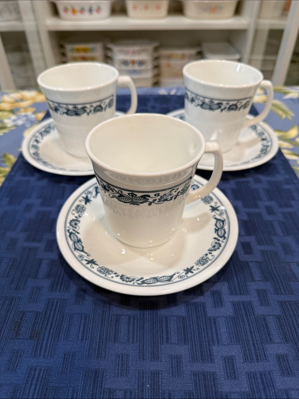 Corning White Mugs Old Town Blue and Saucers with Blue Floral Band - 3 Pc